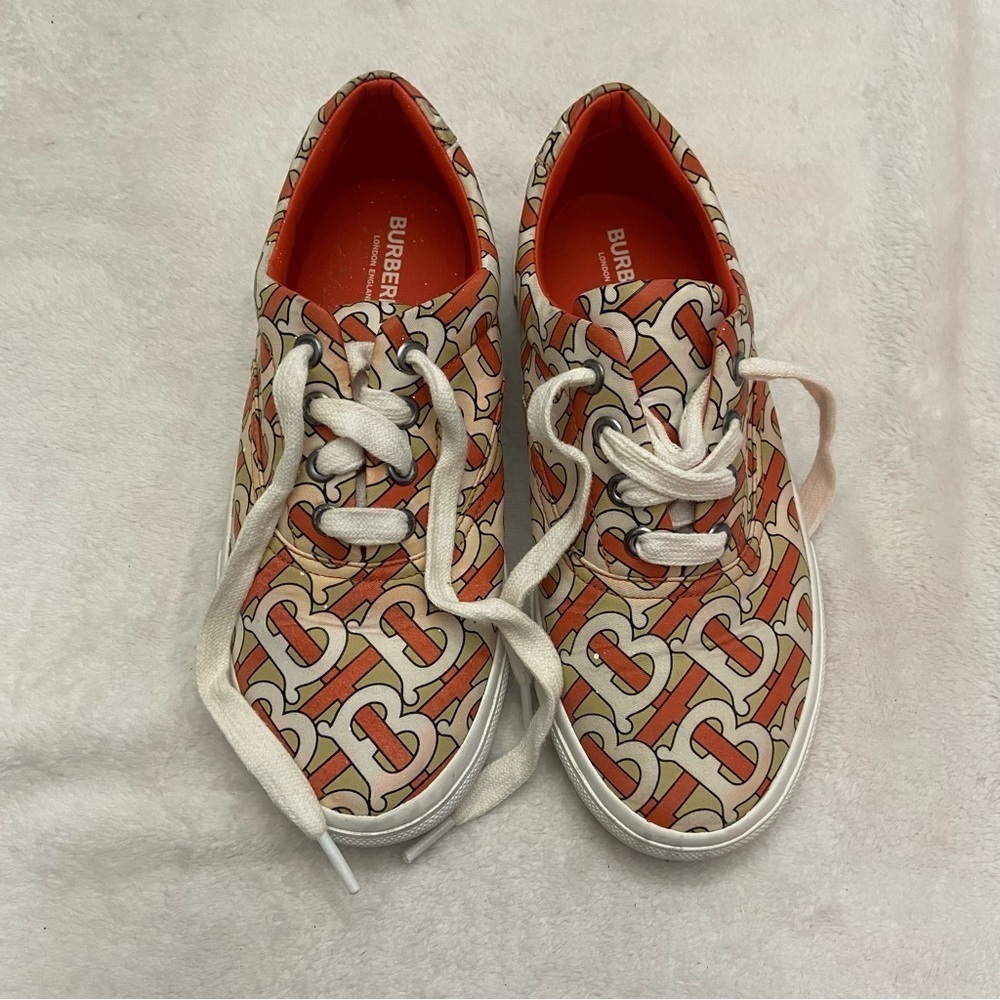 Burberry White & Orange Monogram Print Sneakers new B logo - Picture 4 of 8